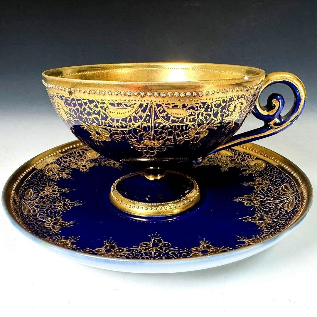 逸品■オールドノリタケ コバルト 金盛 レース装飾 ペディスタル カップソーサー