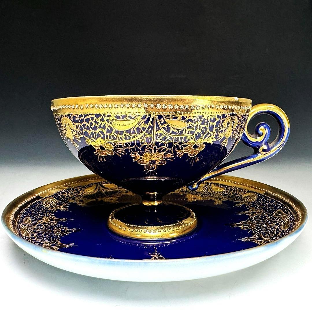 逸品■オールドノリタケ コバルト 金盛 レース装飾 ペディスタル カップソーサー