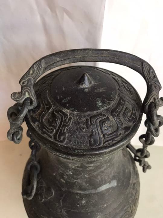 古董，藏友旧藏寄売，青銅製，「商獸面紋提梁器」祭祀品，附葬品，文房置物，賞物。