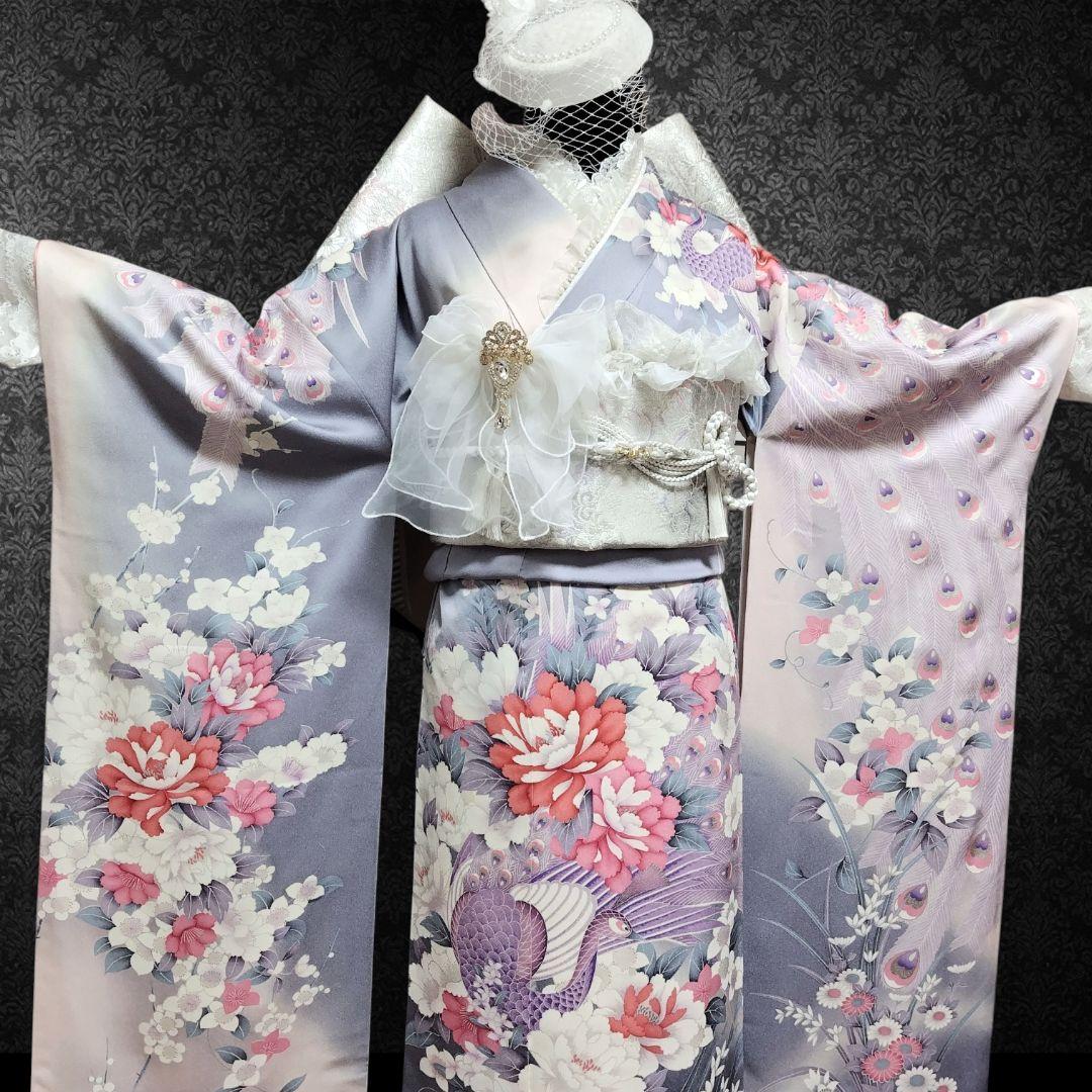 振袖フルセット(9点)・成人式・くすみ・グレー・ピンク・銀彩加工・胴裏正絹・逸品