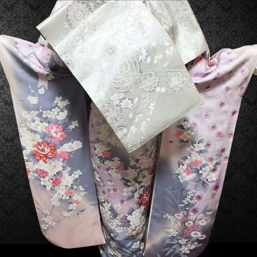 振袖フルセット(9点)・成人式・くすみ・グレー・ピンク・銀彩加工・胴裏正絹・逸品