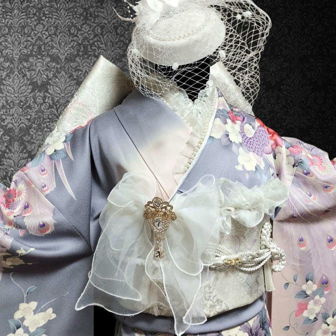 振袖フルセット(9点)・成人式・くすみ・グレー・ピンク・銀彩加工・胴裏正絹・逸品