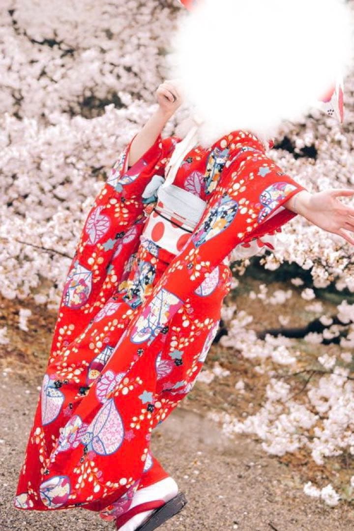 ふりふ　赤い花柄振袖と袋帯セット