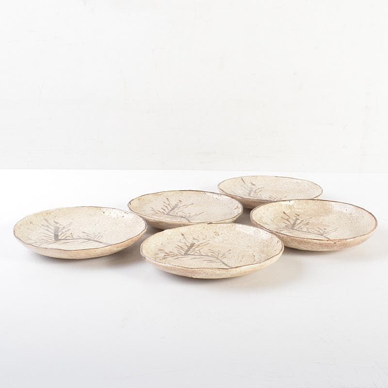 志野焼　絵志野　大橋秋二作　松文　手塩皿　小皿　五客　共箱　V　R7447