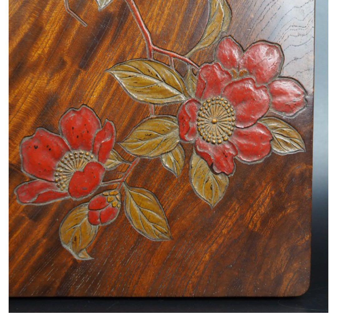 送料無料　時代物　菖園刀　漢詩椿彫 トチノキ硯箱　銘木　書道具