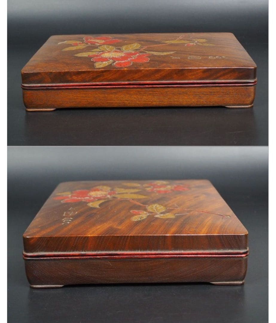 送料無料　時代物　菖園刀　漢詩椿彫 トチノキ硯箱　銘木　書道具