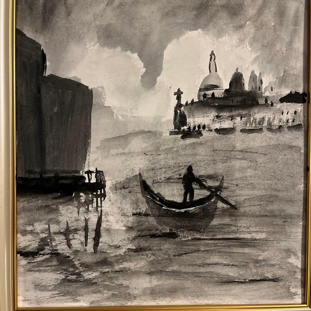 水彩画 風景画 モノクロ 金色フレーム27cm25cm