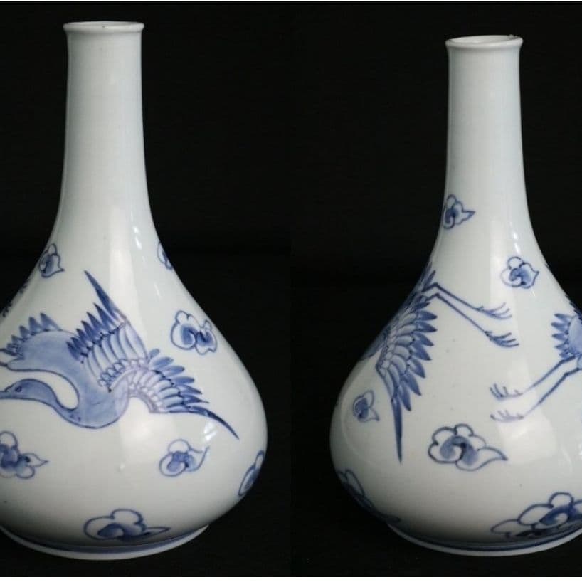 李朝染付 雲鶴長生文 徳利 壺 高22.8cm