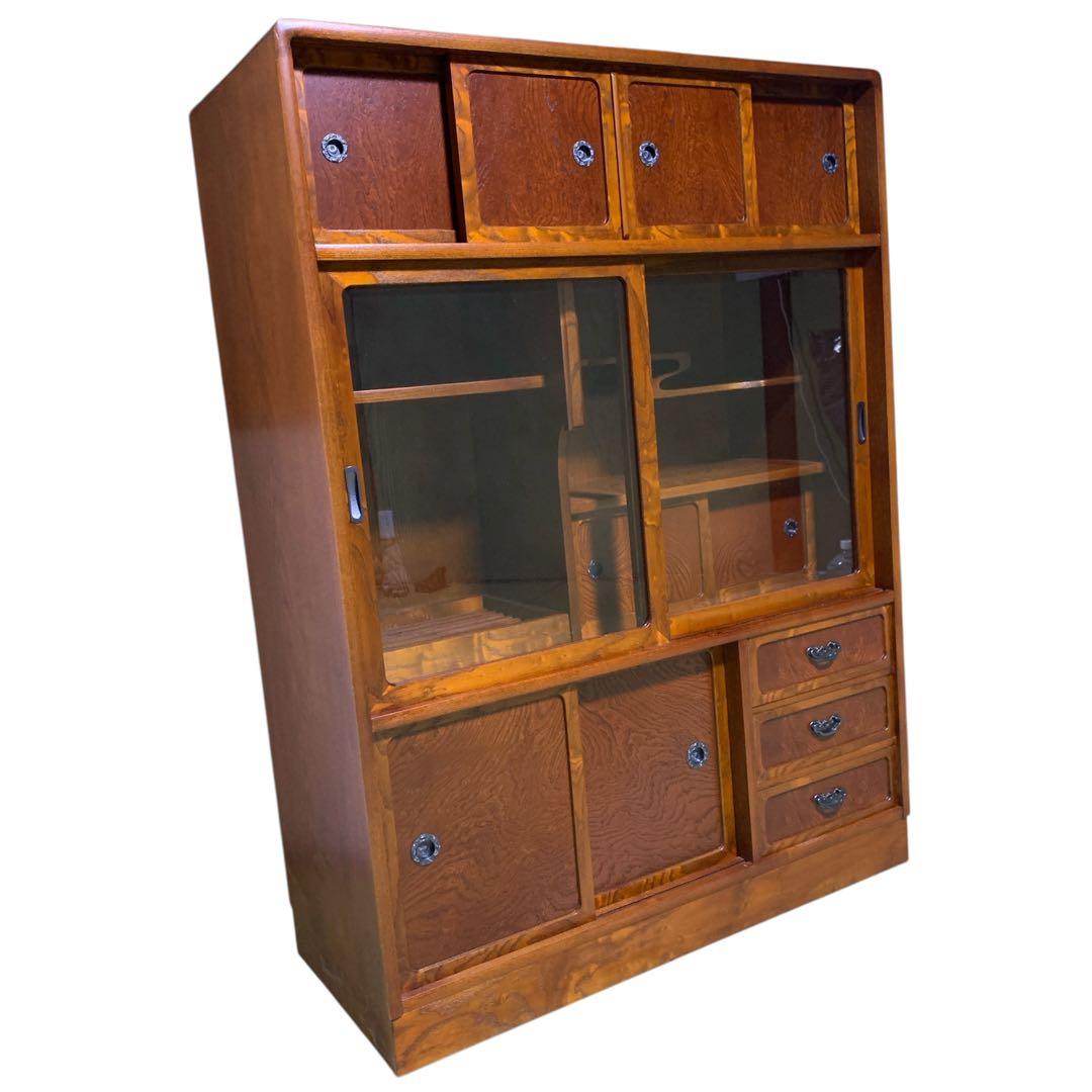 茶箪笥　和風収納棚 ガラス扉付き　アンティーク風　高さ約120㎝