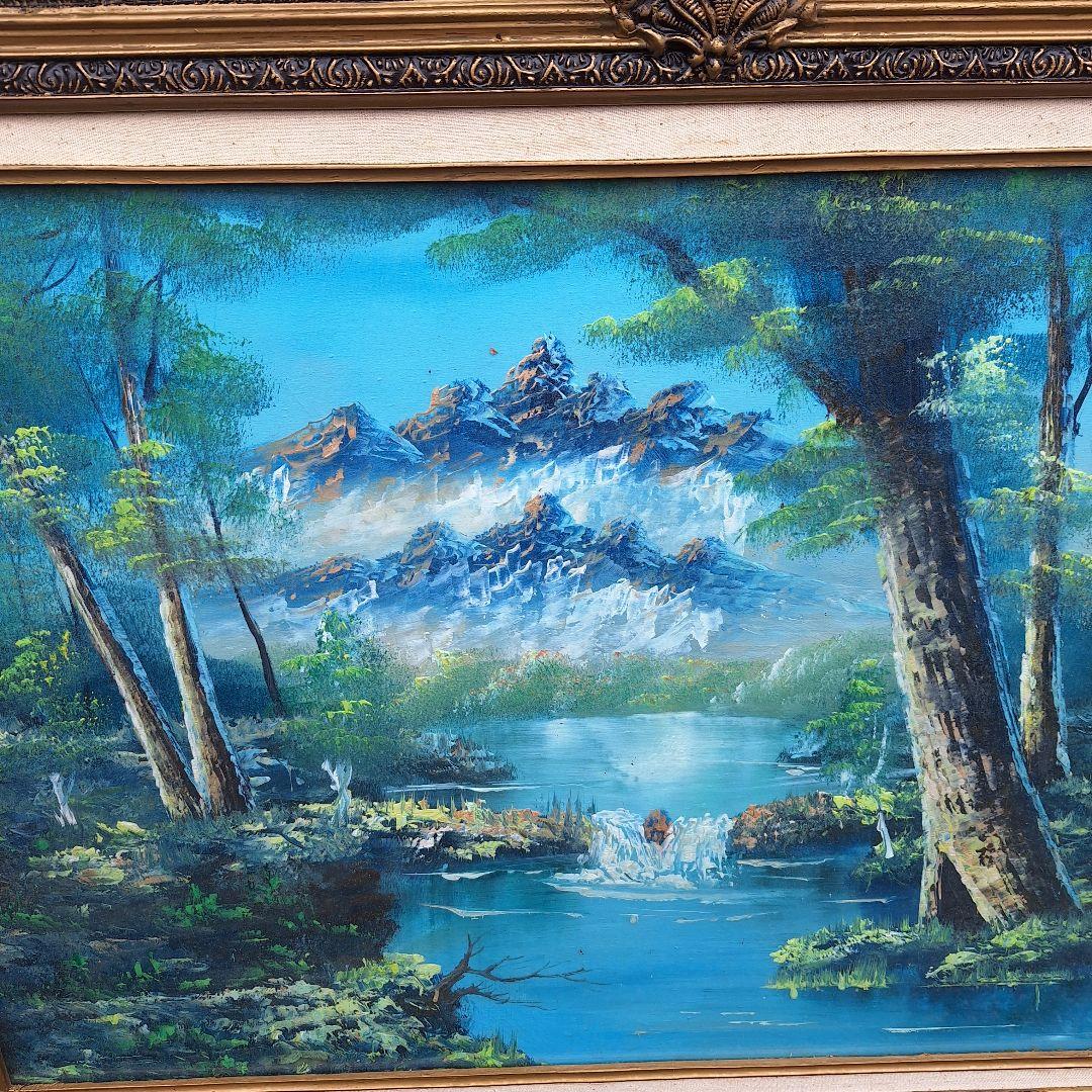 絵画　油絵　120cm×80cm　ヴィンテージ　レトロ　額　山、川のほとり