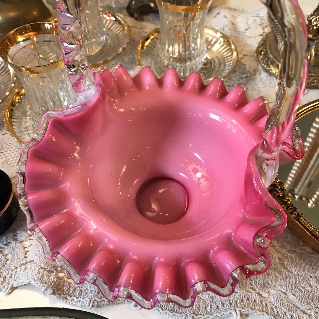希少！フェントン ピンク色クレストバスケット アンティークfenton アメリカ
