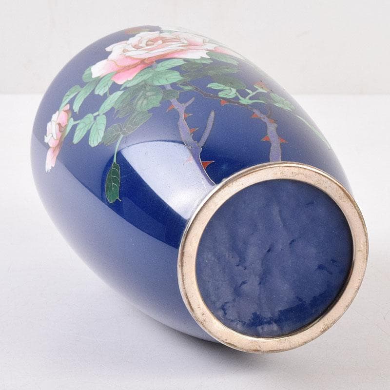 七宝焼　薔薇文　花瓶　唐木台付　時代箱　M　R9058