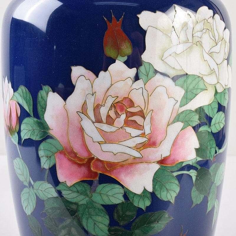 七宝焼　薔薇文　花瓶　唐木台付　時代箱　M　R9058