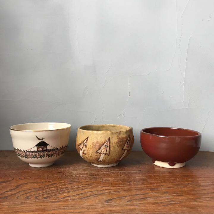 私の作った 抹茶茶碗 唐傘おばけ 妖怪 陶芸 手びねり 手づくね