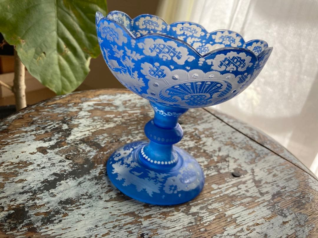 フランス　アンティーク　コンポート　グラビュール　ガラス