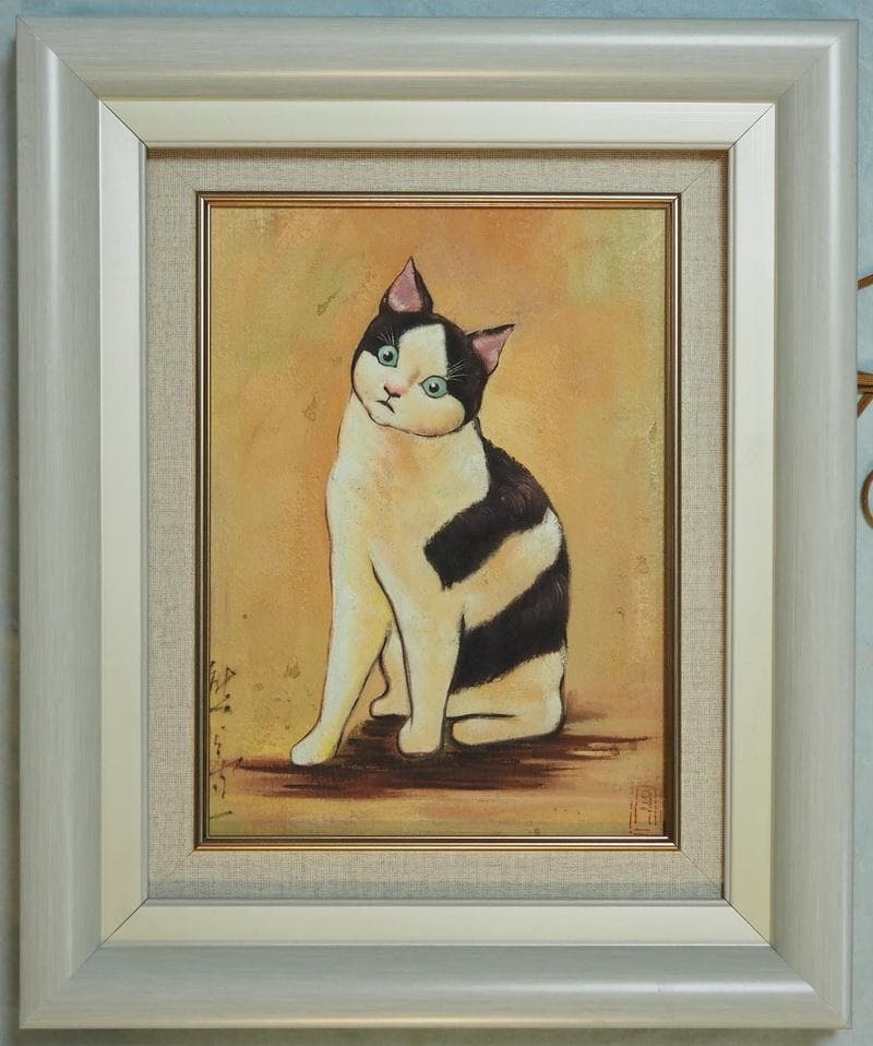 動物像・生物画　油絵　熊谷守一　ねこ　F4　額付き　手描き　肉筆