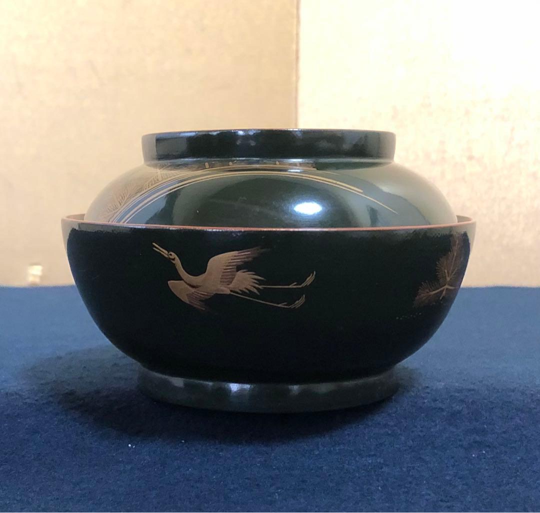 《R》青漆内朱 若松鶴蒔絵 菓子椀10客 木製漆器 木箱　250904H2