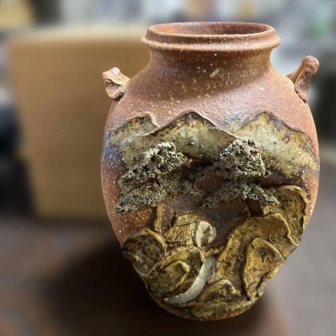 【共箱・説明文付き】信楽焼 花入 仙山窯 素朴で力強い風景の装飾 高さ22.5