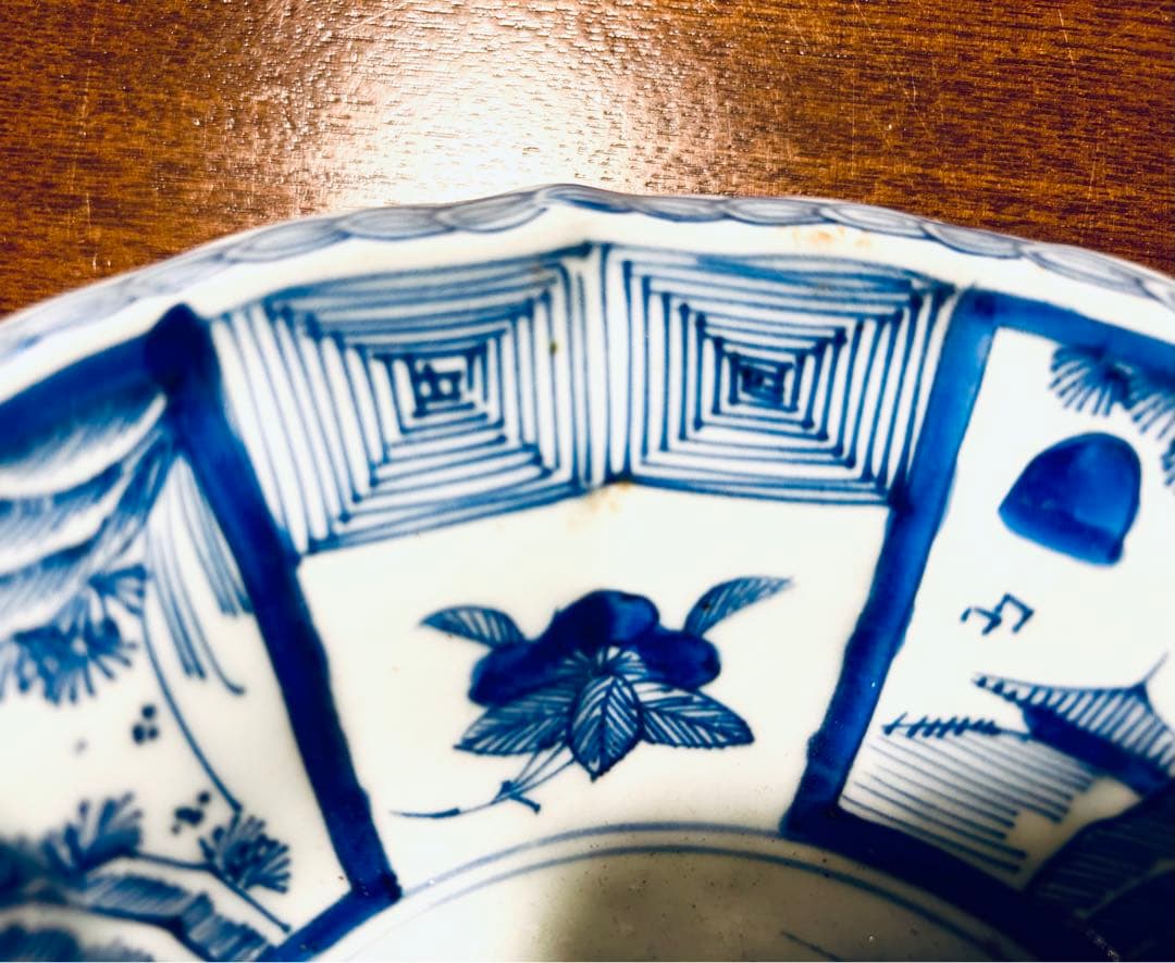 江戸期　古染付芙蓉手　間取山水　深鉢