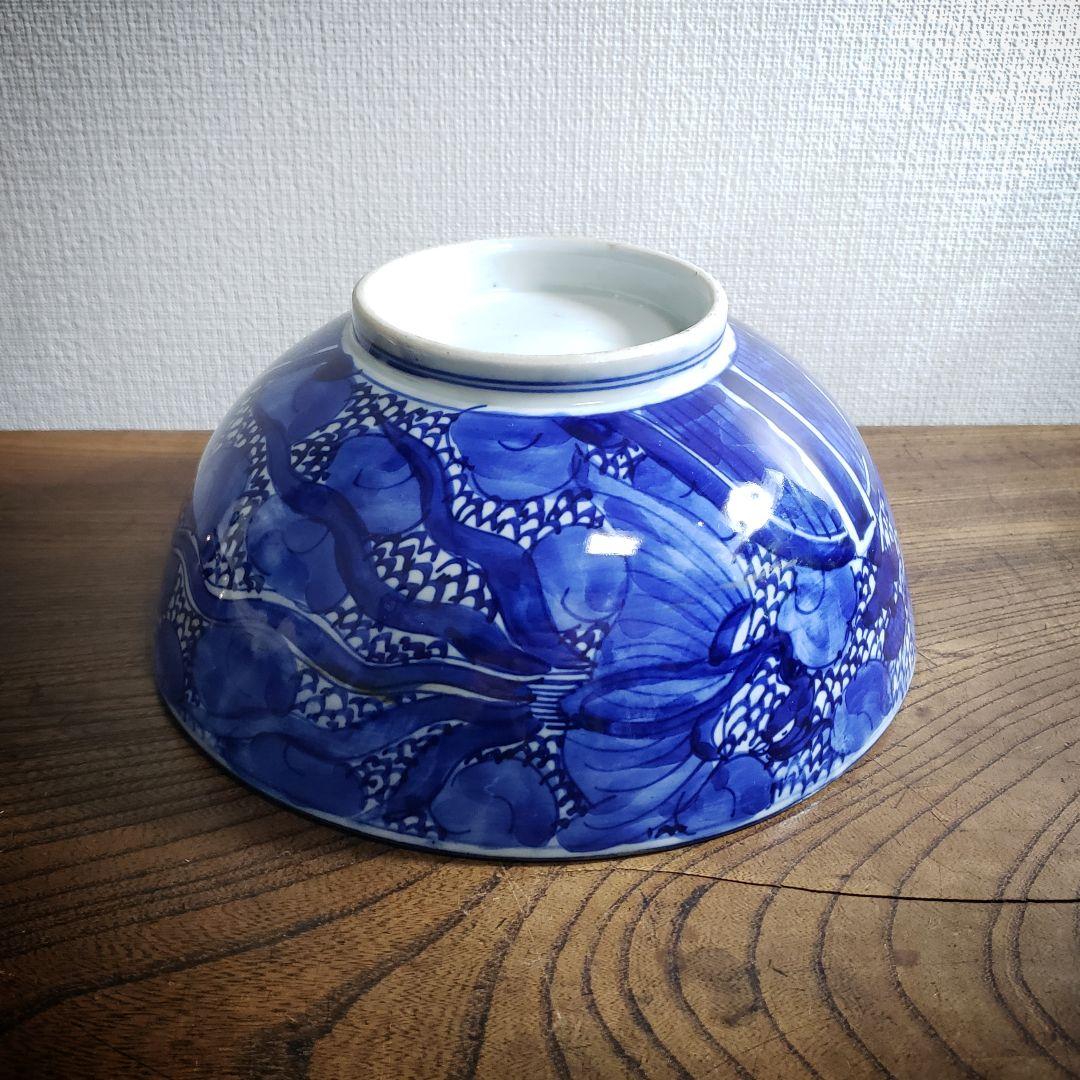 江戸期 染付 龍鳳凰文 大鉢 どんぶり 径19cm 骨董 古伊万里 縁起物