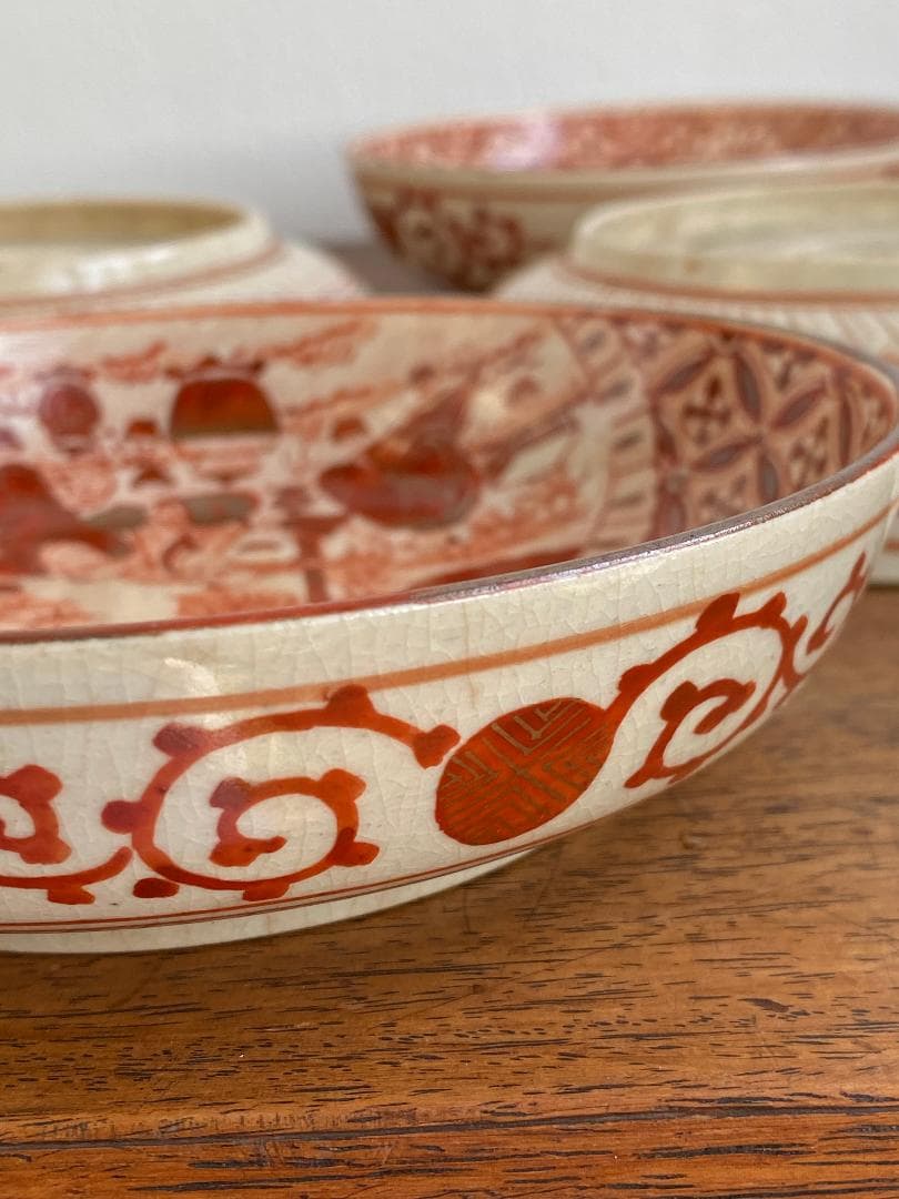 九谷焼　骨董　赤絵竹林賢人図中皿　7枚セット