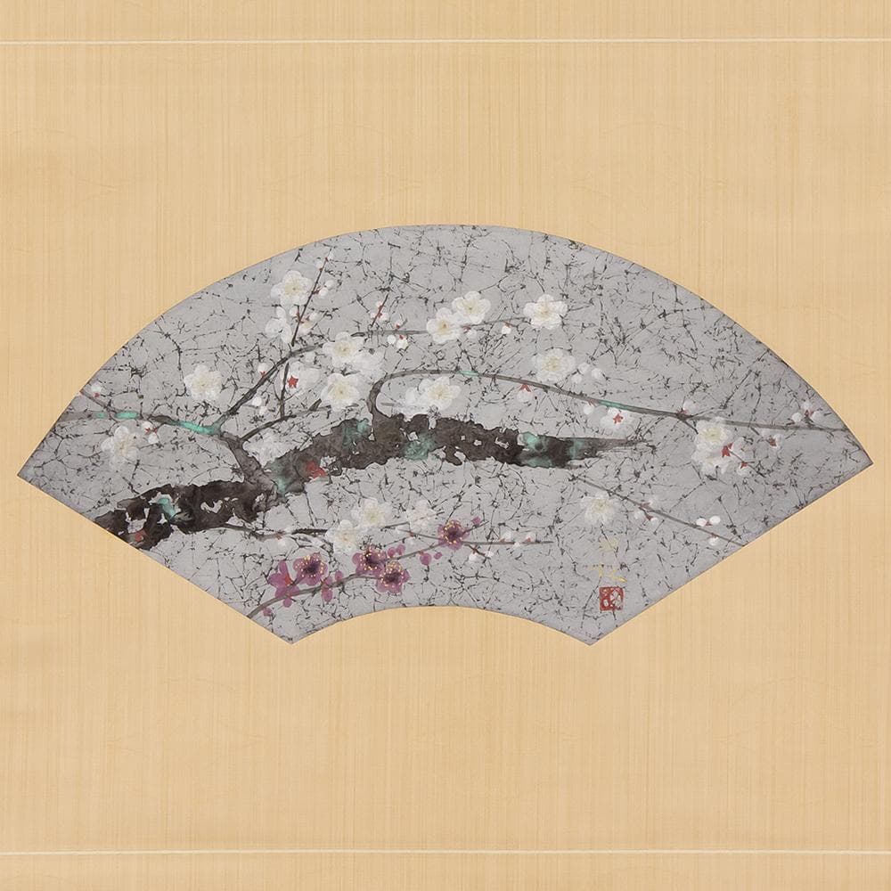 掛軸〈浜田三郎〉「紅白梅」扇面 共箱 二重箱 北海道生 日展菊華賞