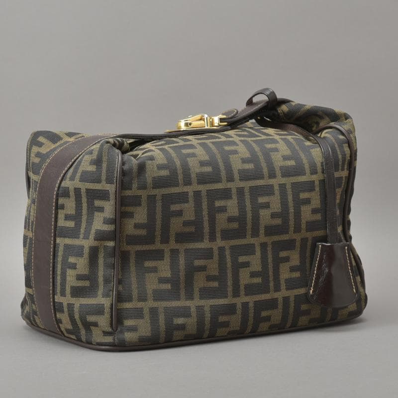 美品◇フェンディ ズッカ柄 バニティバッグ ハンドバッグ 鍵付き ジャガード 茶