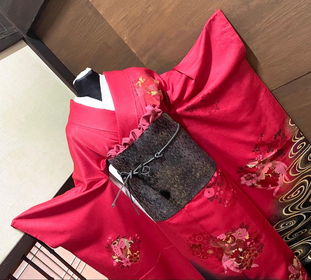 振袖フルセット6点サイズM〜Ｌ鳳凰花蝶丸文　暈し染め　金銀彩　金糸　正絹