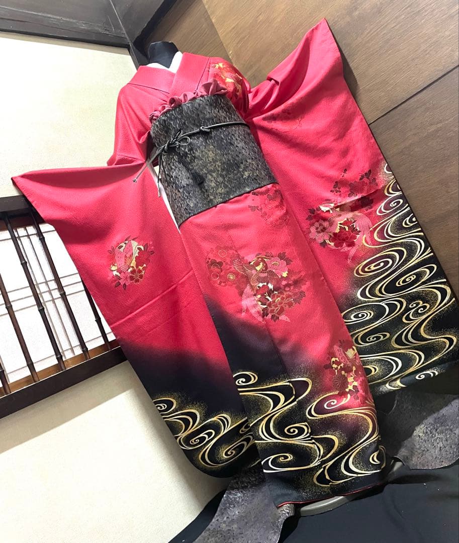 振袖フルセット6点サイズM〜Ｌ鳳凰花蝶丸文　暈し染め　金銀彩　金糸　正絹