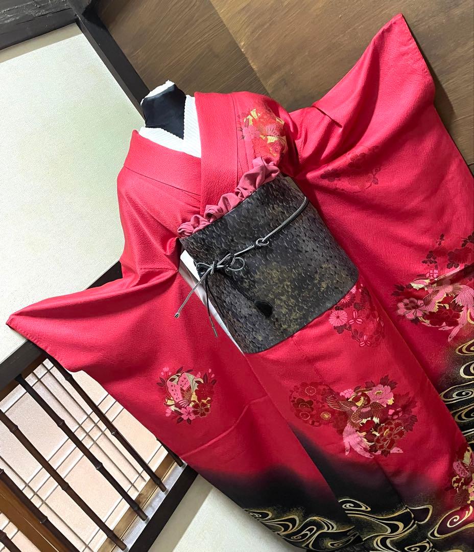 振袖フルセット6点サイズM〜Ｌ鳳凰花蝶丸文　暈し染め　金銀彩　金糸　正絹