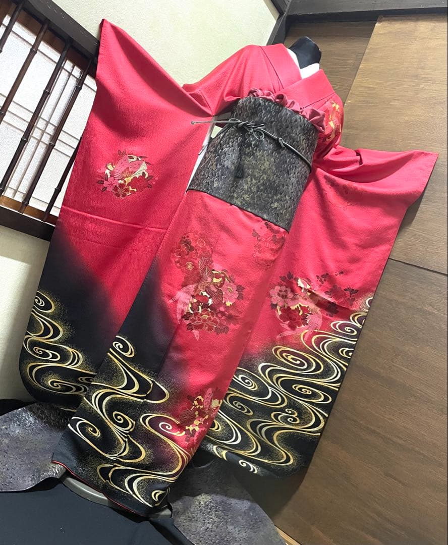 振袖フルセット6点サイズM〜Ｌ鳳凰花蝶丸文　暈し染め　金銀彩　金糸　正絹