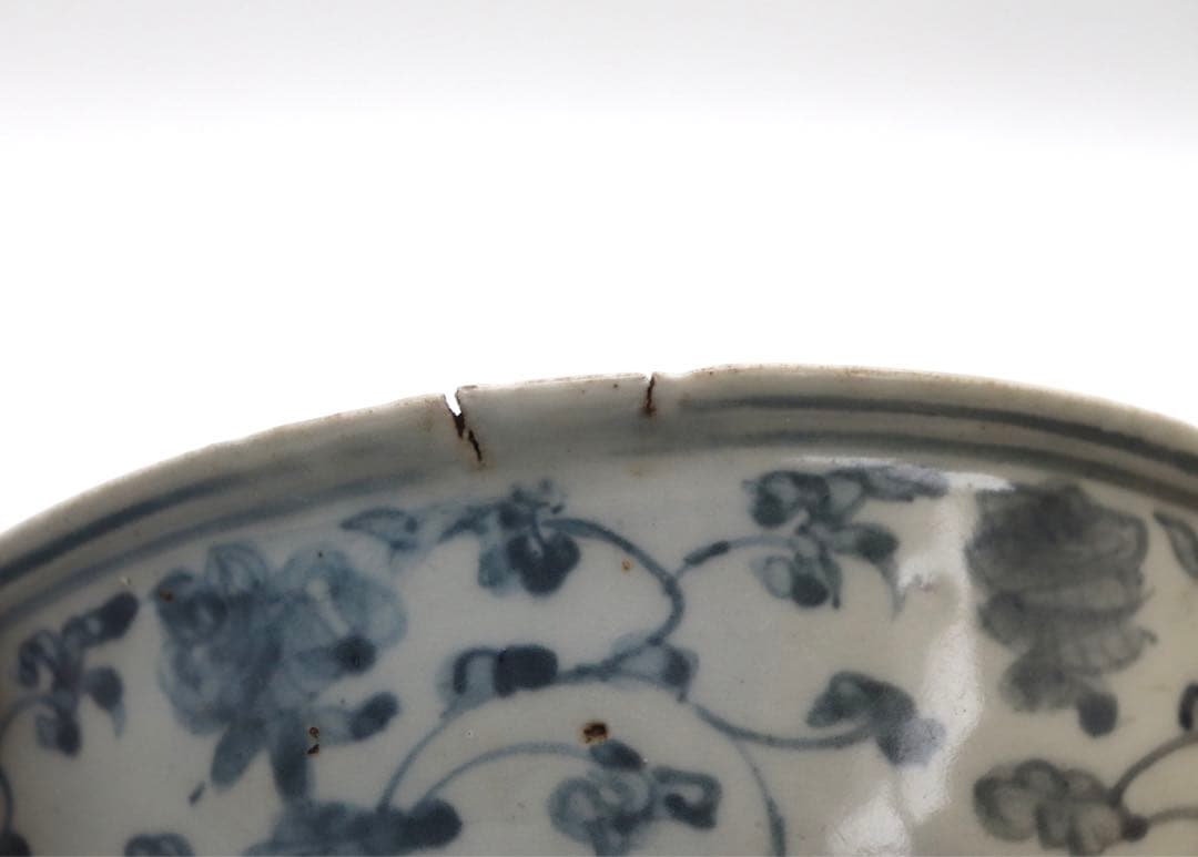 中国　明時代初期　染付　花卉如意紋大碗　アンティーク　送料込み1005