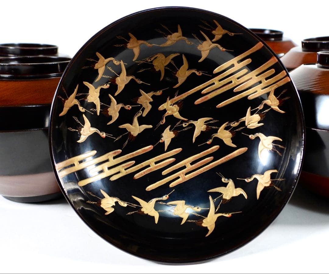 【ゆりかご】金蒔絵 千羽鶴 黒塗煮物椀 10客 木製漆器 天然木