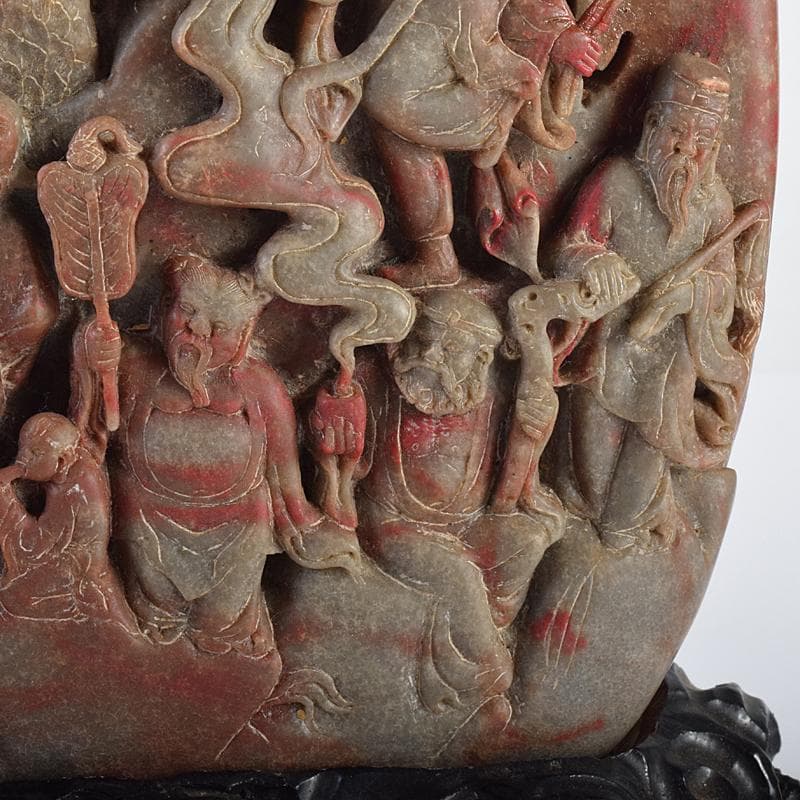 中国　玉石彫刻　鶏血石　山水人物刻　床飾　置物　唐木台付　F　R7719B