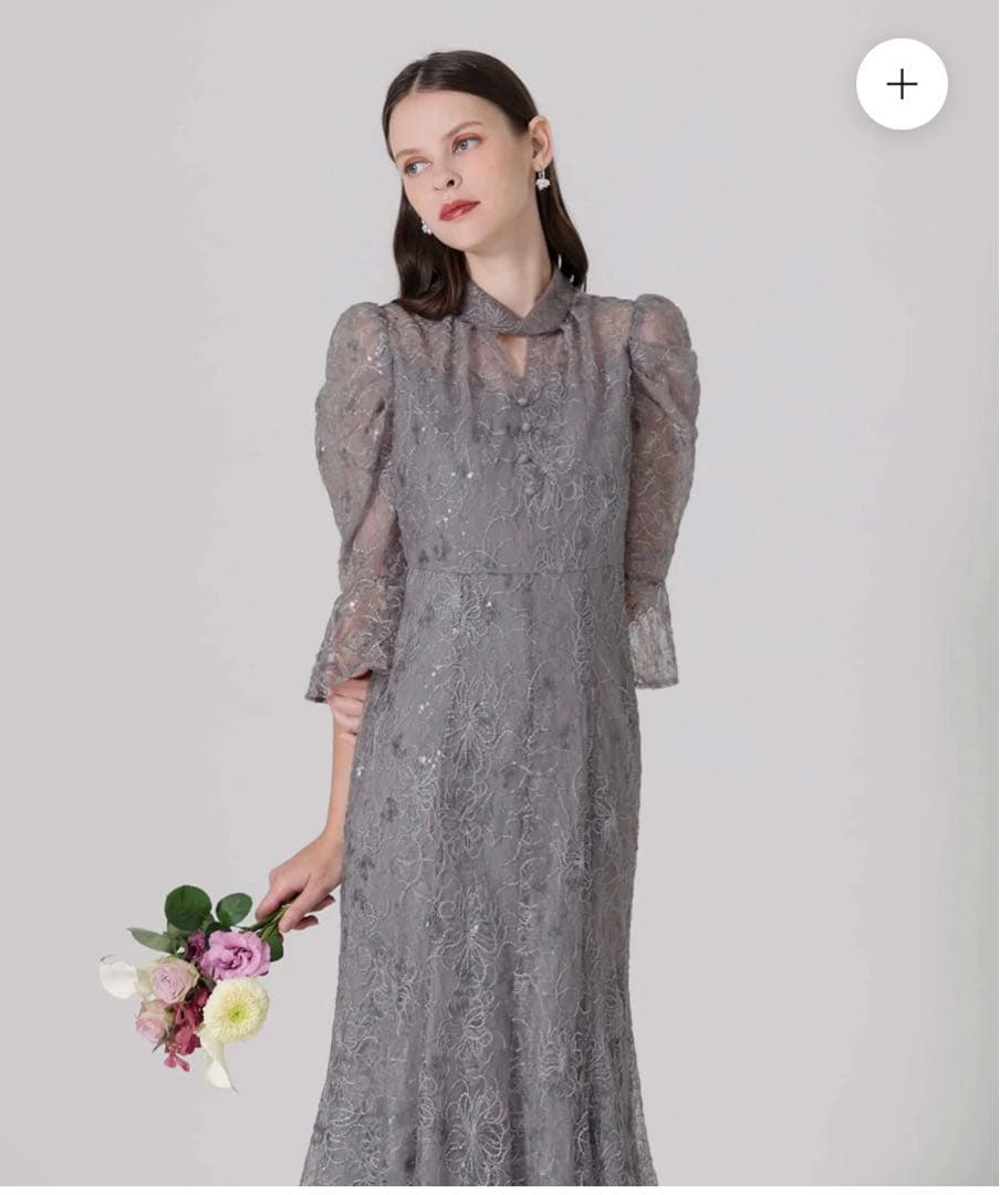 【Leja】スパンコール花柄刺繍ソフトパフスリーブドレスワンピース