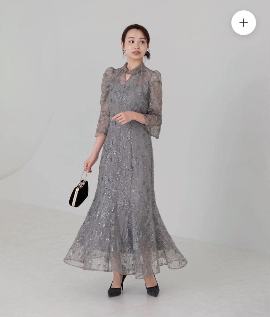 【Leja】スパンコール花柄刺繍ソフトパフスリーブドレスワンピース