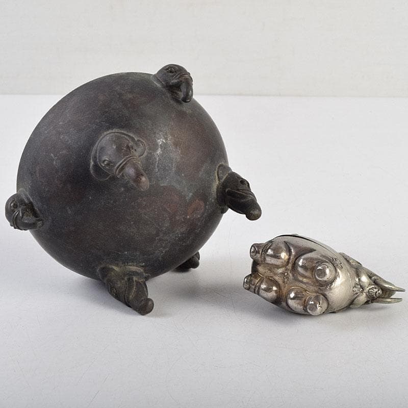 中国　古銅　象摘三つ足香炉　T90刻印　象香炉　二点まとめて　U　R9396