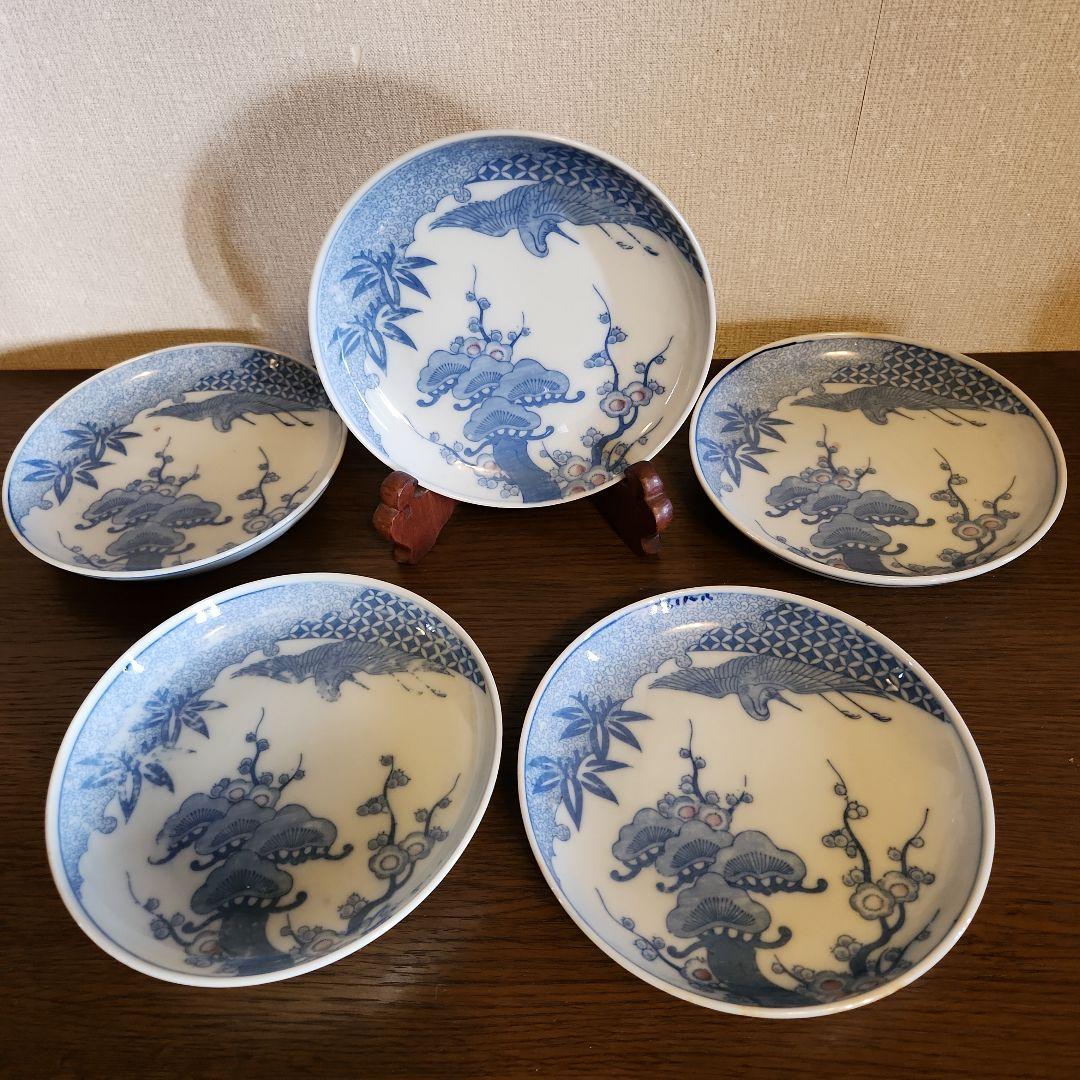 古伊万里　染付　印判　膾皿　5客セット　骨董品　伊万里焼