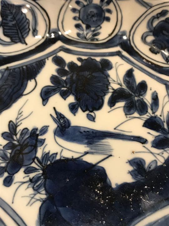 古染付、明末清初期染付芙蓉手　牡丹に岩上鳥の図　中皿　お家で頑張る価格に変更