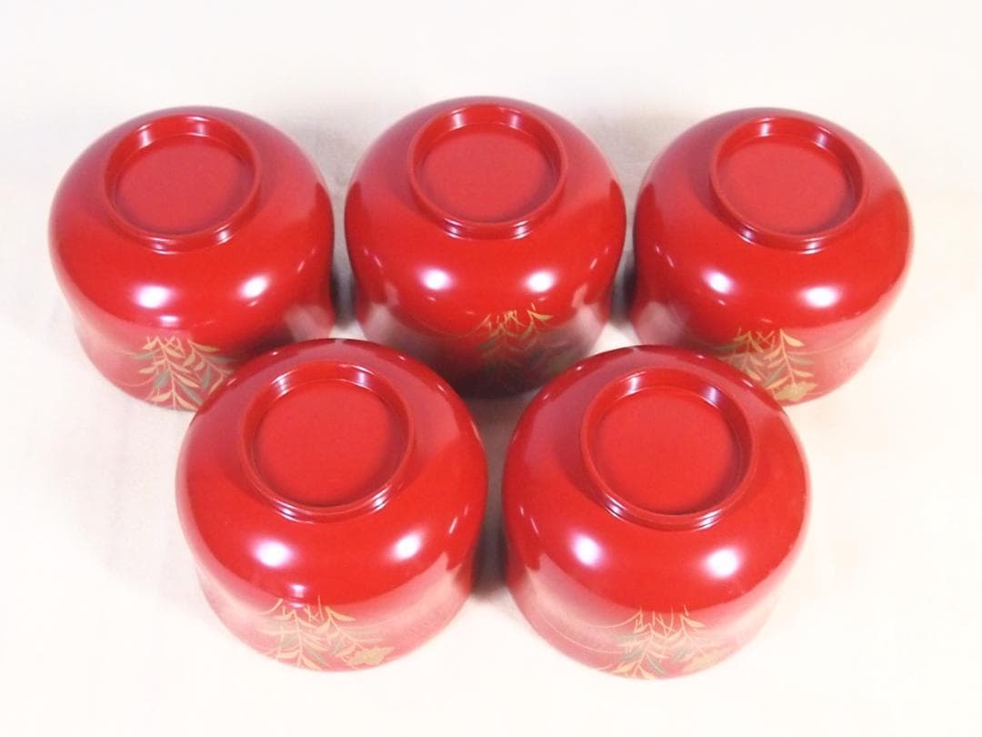 【美品】輪島塗 西久保田漆器店 桔梗蒔絵 小吸物椀 5客 瓢型/朱塗 漆器/食器