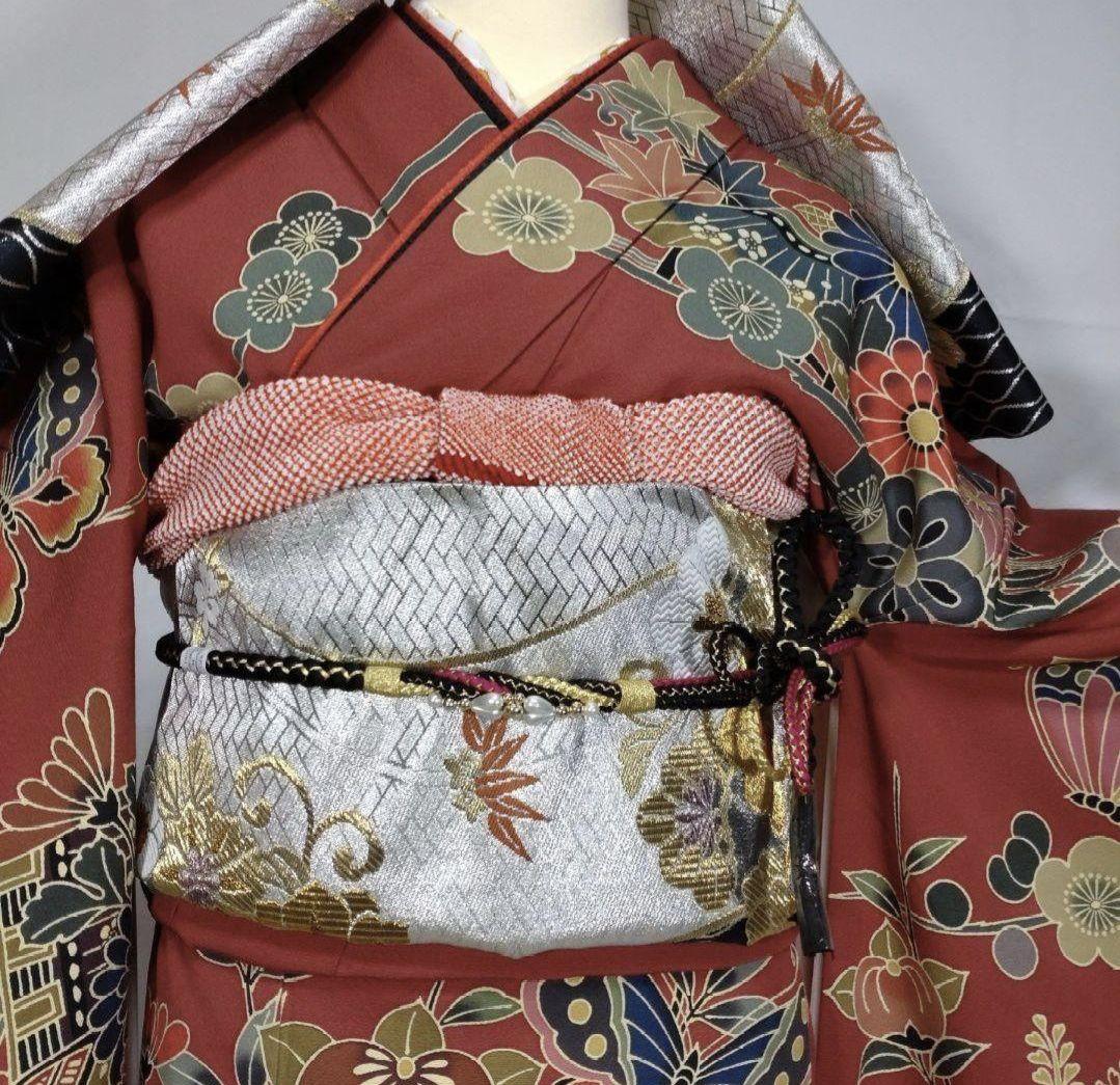 着物　振袖フルセット　京紅型　型染め　宮崎紅型　落款有　成人式　卒業式　赤