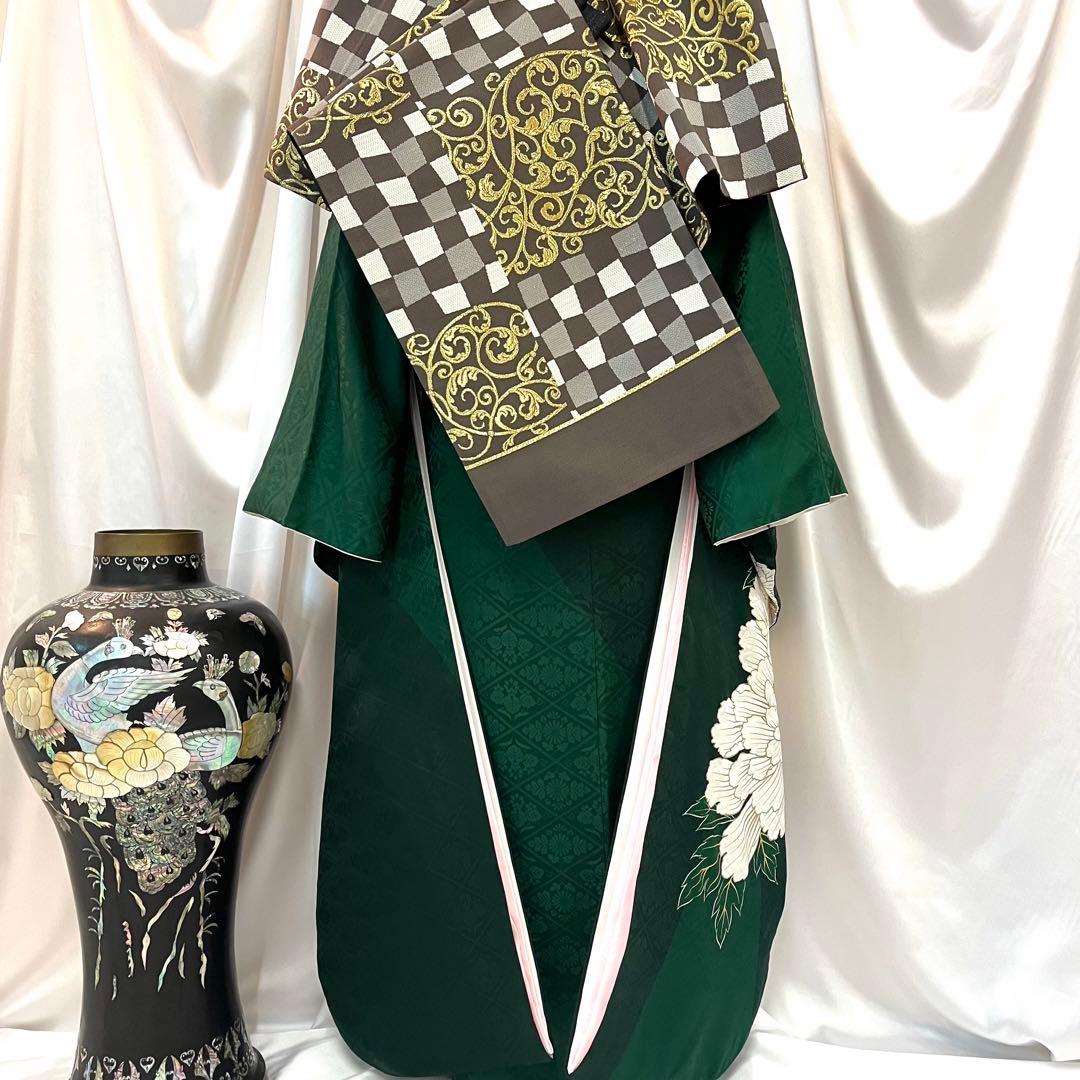 振袖フルセット■大輪牡丹■深緑色■成人式振り袖■振袖一式