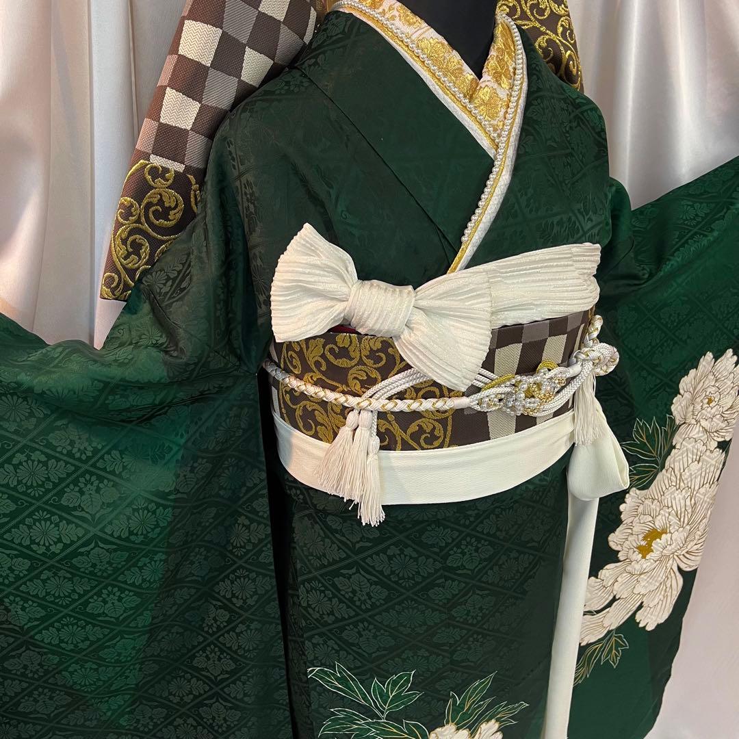 振袖フルセット■大輪牡丹■深緑色■成人式振り袖■振袖一式