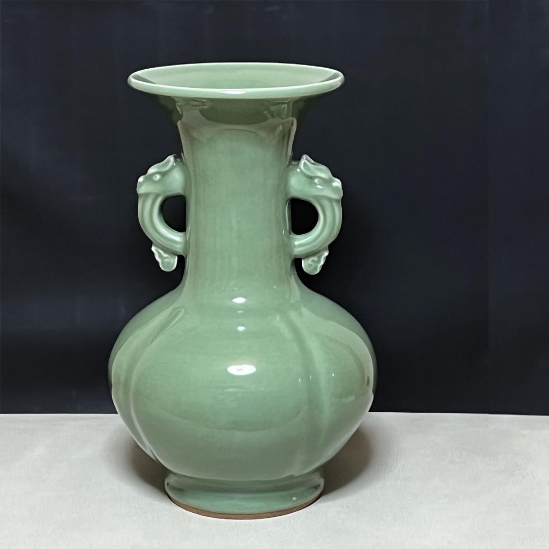 加藤渓山 天龍寺青磁 耳付花瓶 共箱 耳付 花入 花生 茶道具【k3060】