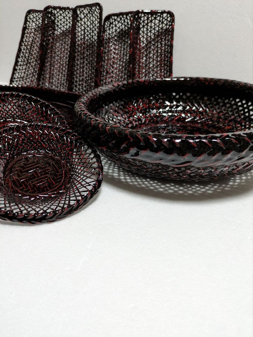 籃胎漆器　お盆　果物籠/菓子器　茶托　5枚　おしぼり受け　5個　計12点