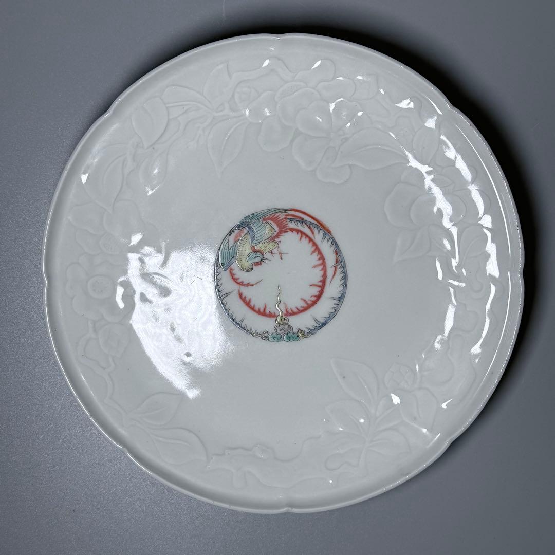 大正時代　十二代柿右衛門　錦　鳳凰絵高台皿　角福　桐箱　裏唐草文様　21.7cm