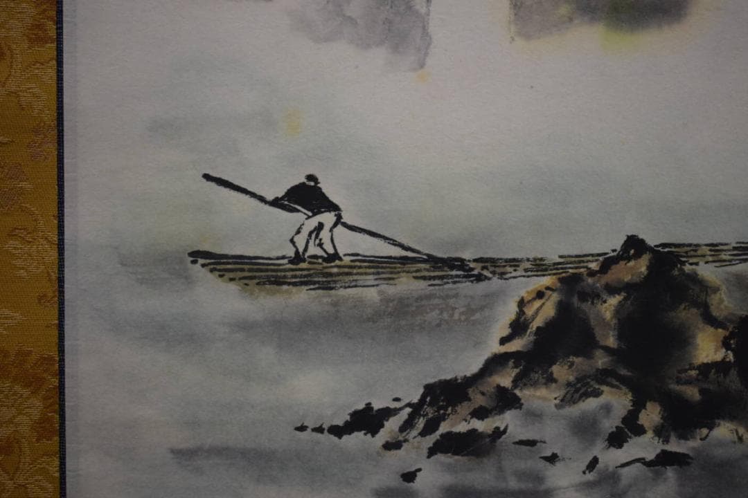 真作/高田勝風/山水人物筏図/彩色山水図/人物/布袋屋掛軸HJ-876