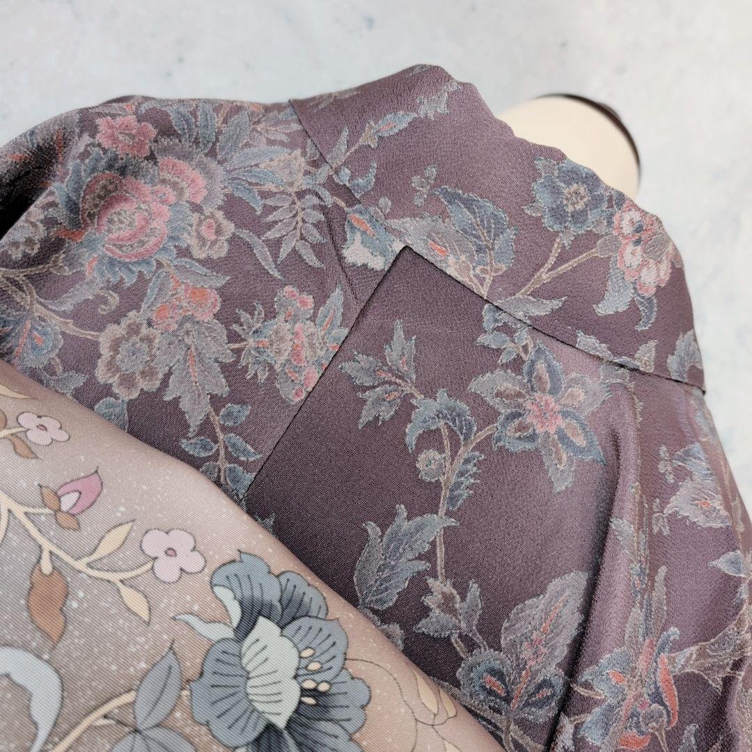 小紋　フルセット　着物　正絹　更紗　暗紫　花　縮緬　おしゃれ　D2