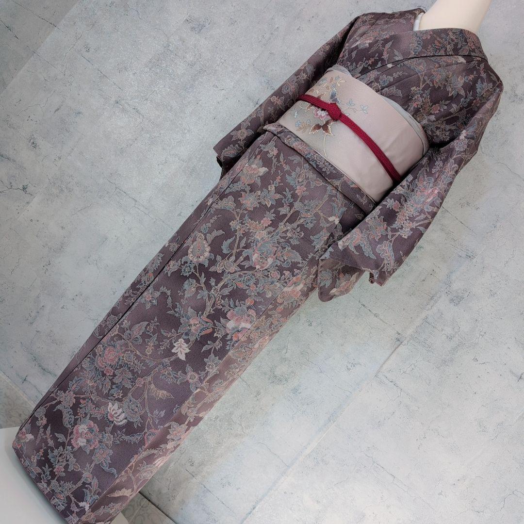 小紋　フルセット　着物　正絹　更紗　暗紫　花　縮緬　おしゃれ　D2