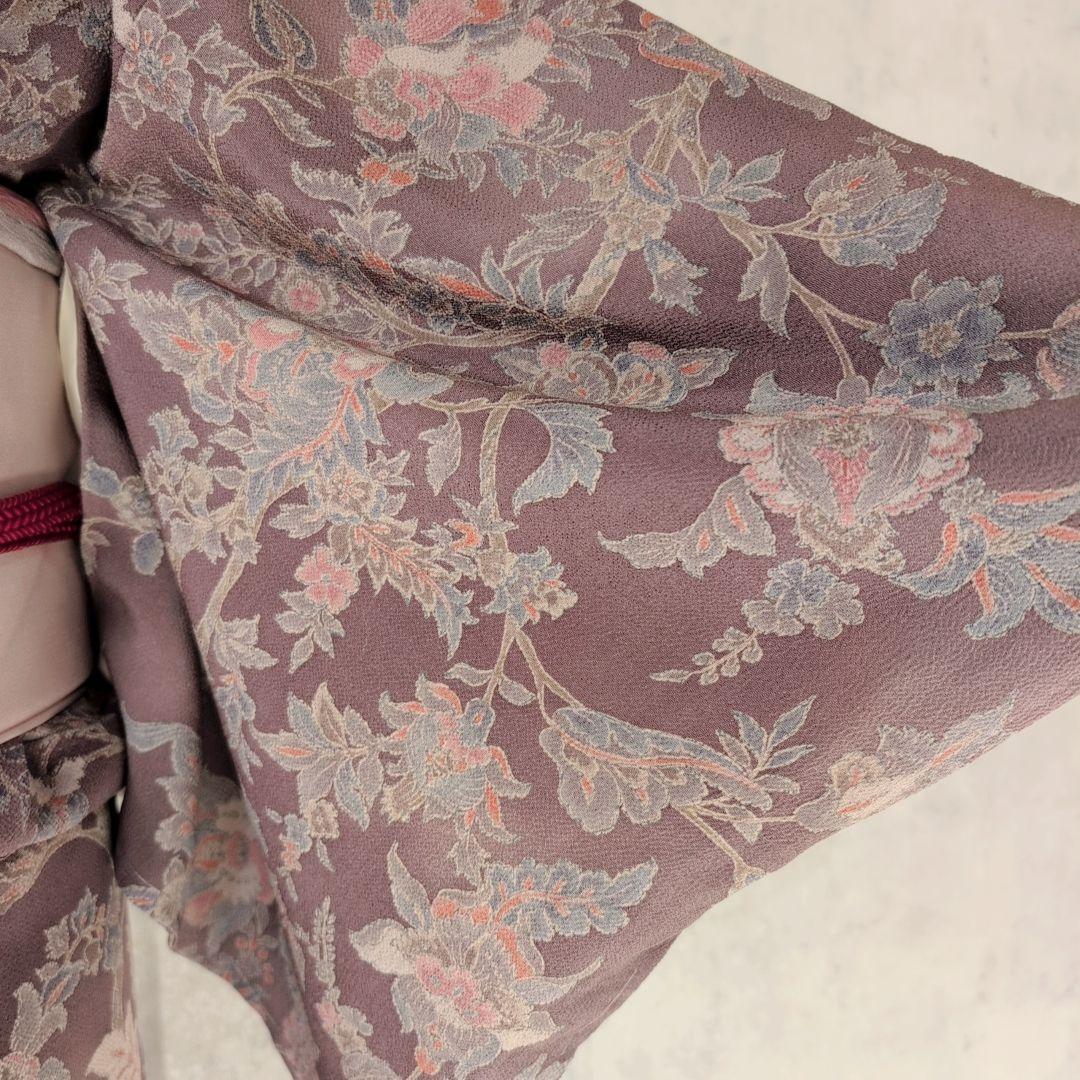 小紋　フルセット　着物　正絹　更紗　暗紫　花　縮緬　おしゃれ　D2